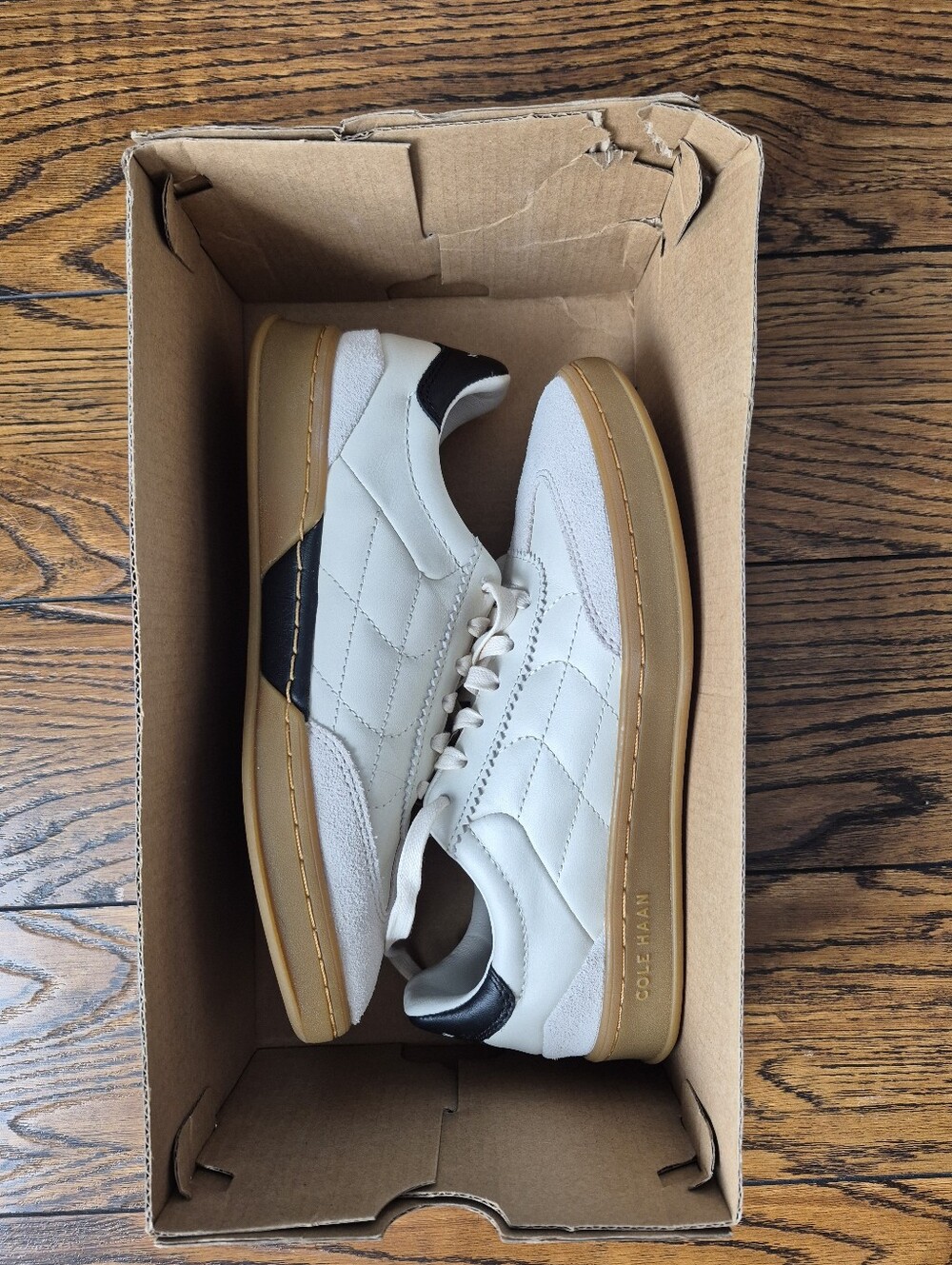 New Cole Haan White Leather Sneakers with Gum Sole and Black Heel Accent Shoes